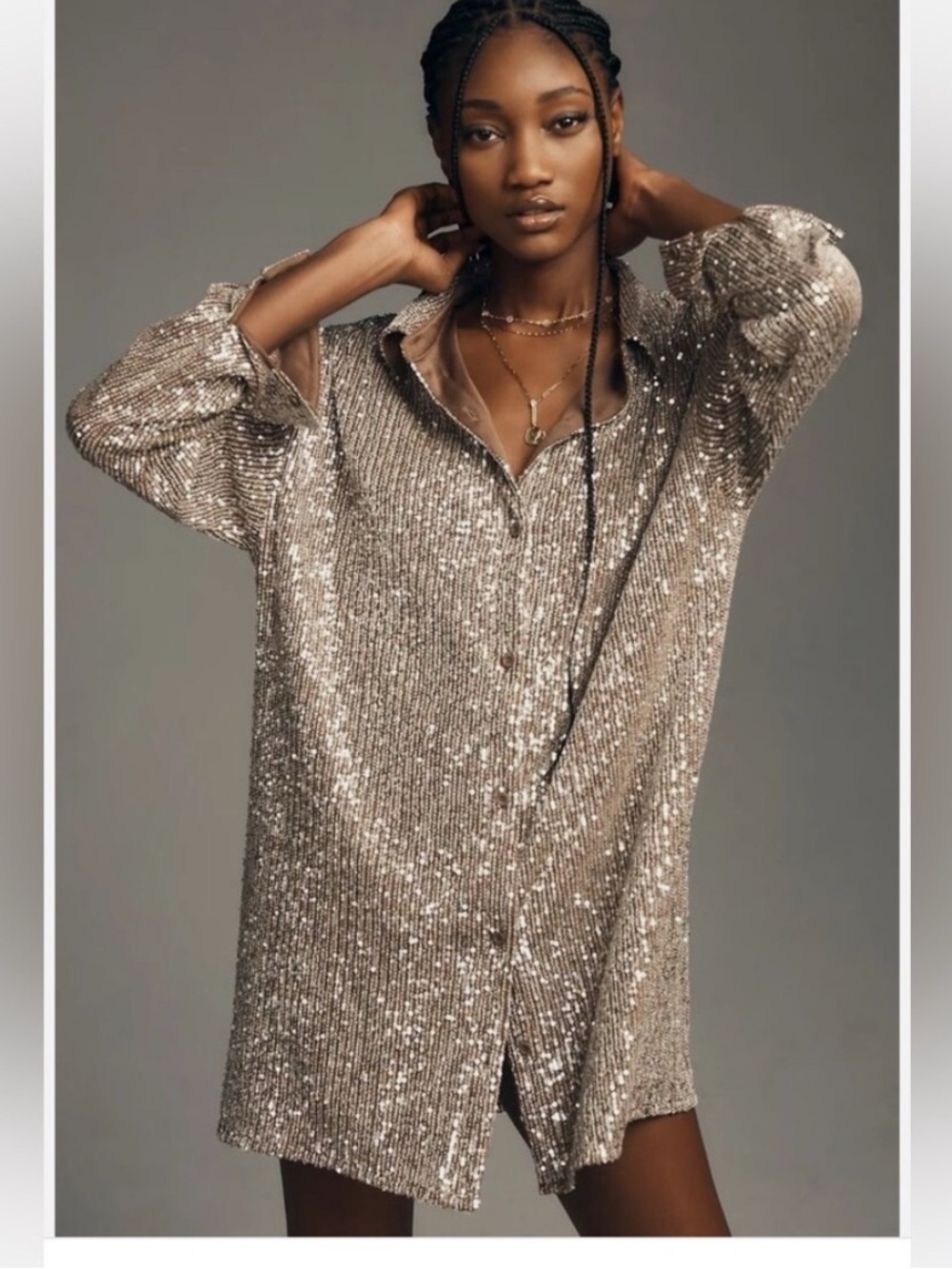 Anthropologie Sequin Shirt Dress in Champagne disco cowgirl